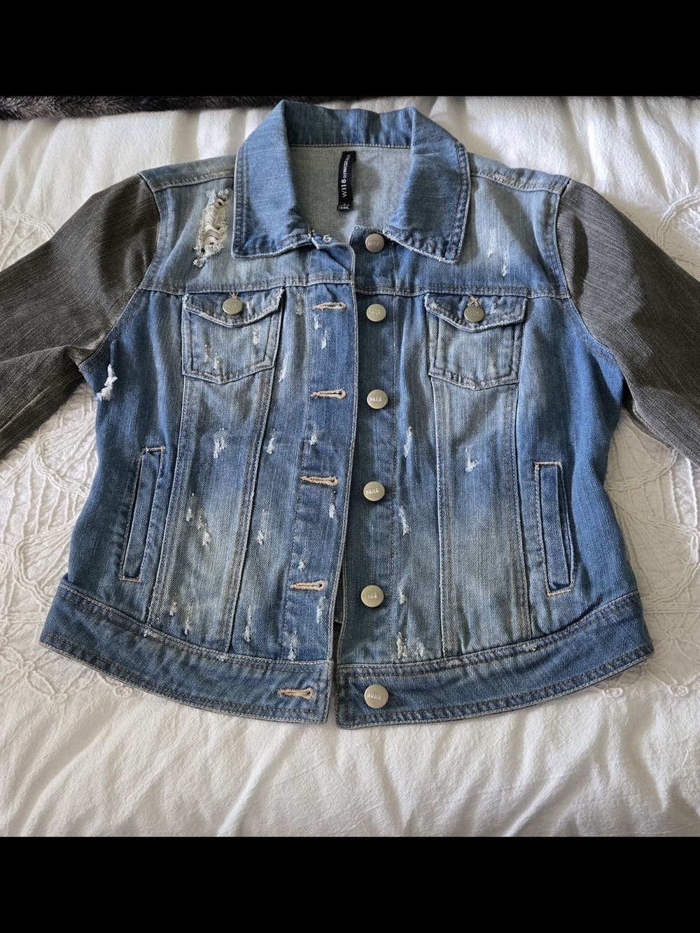 W118 by Walter Baker- Two Toned Blue/Gray Distressed Denim Jacket